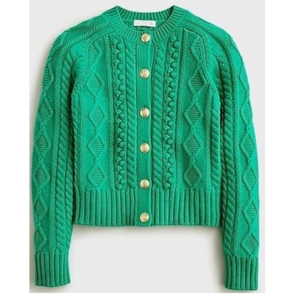 J.Crew Women's Emerald Green Cable Knit Cardigan Gold Crest Button Sweater M
